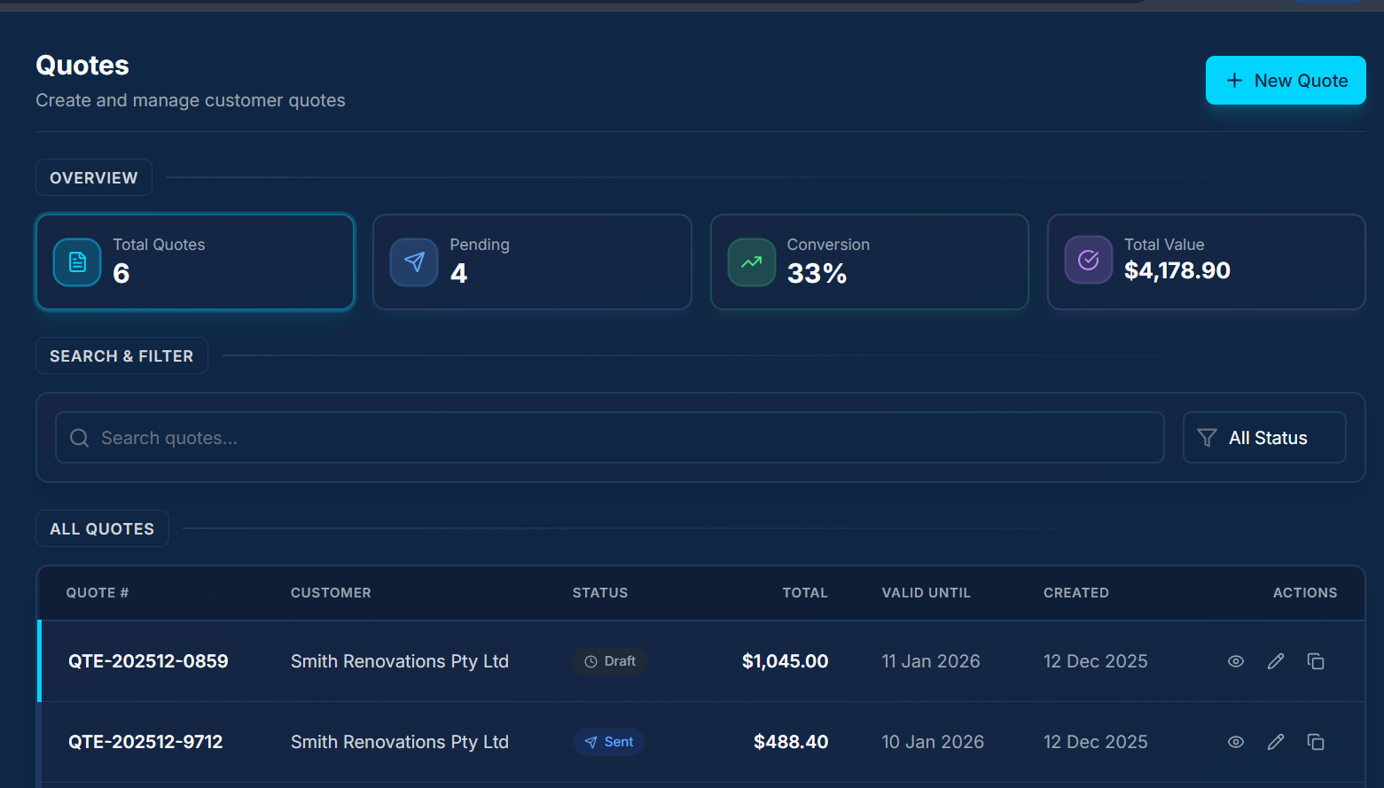 Quote creation interface